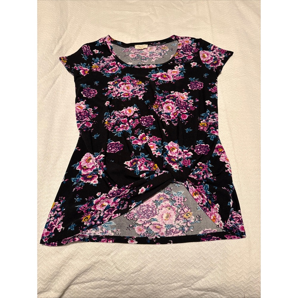 Ultra Flirt Womens Medium Black Pink Floral Twist Front Scoop Neck Top Shirt